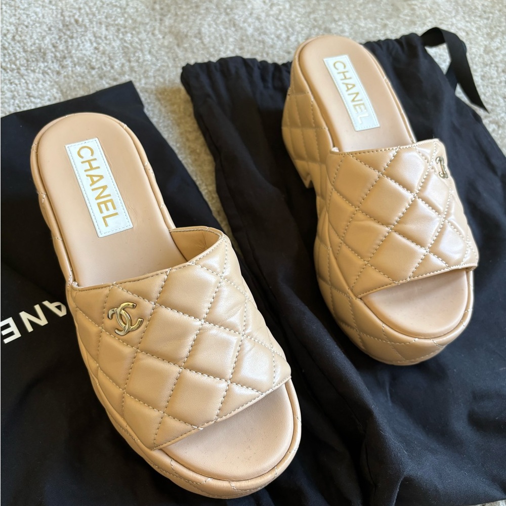 Chanel Beige Platform Wedge Sandals